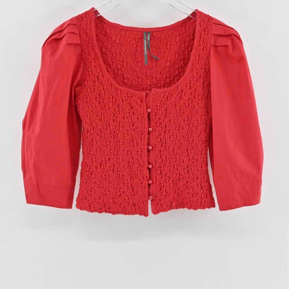 By Anthropologie Smocked Cardigan Size‎ XS Red Button Up Puff Sleeve Top Boho